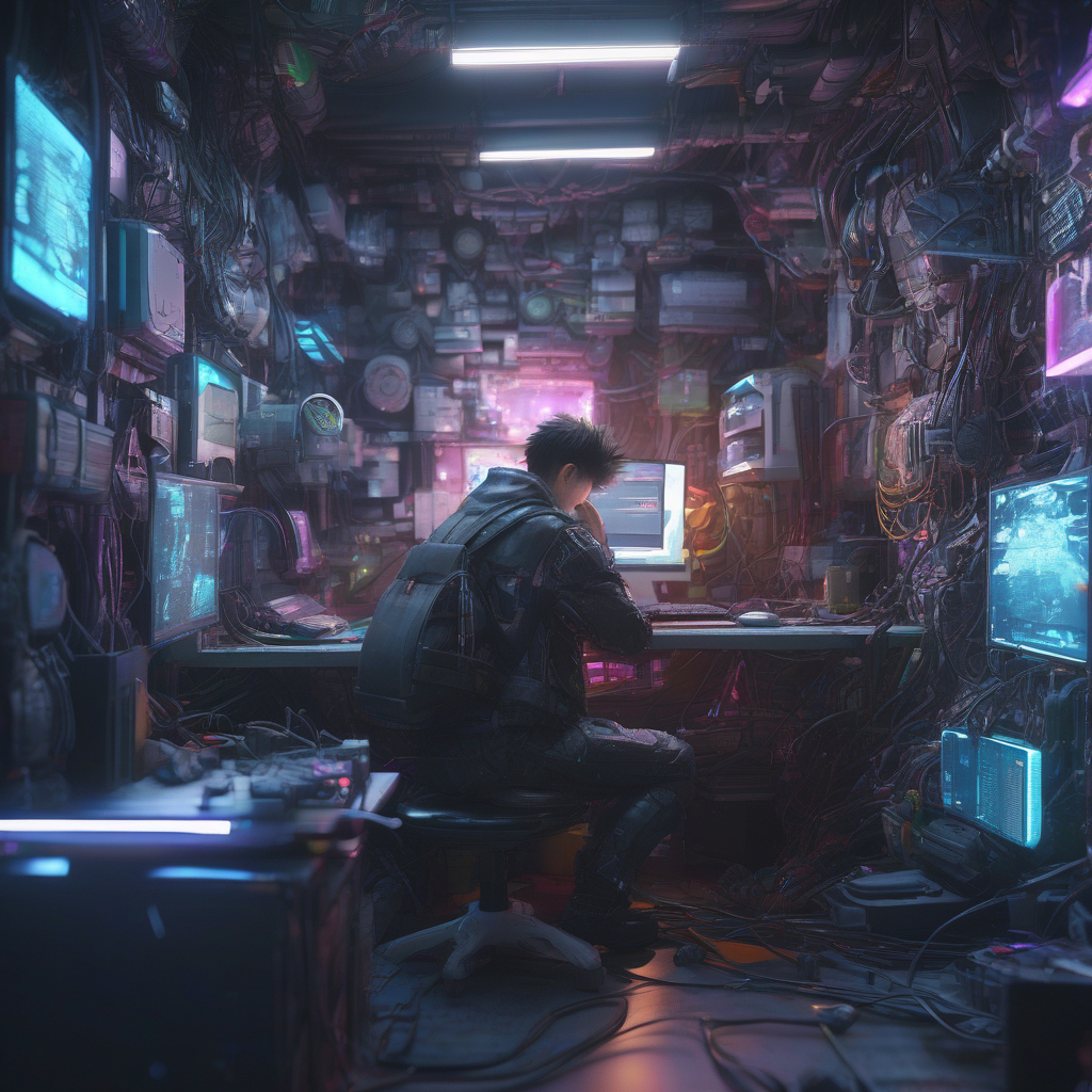A cyberpunk guy at a computer